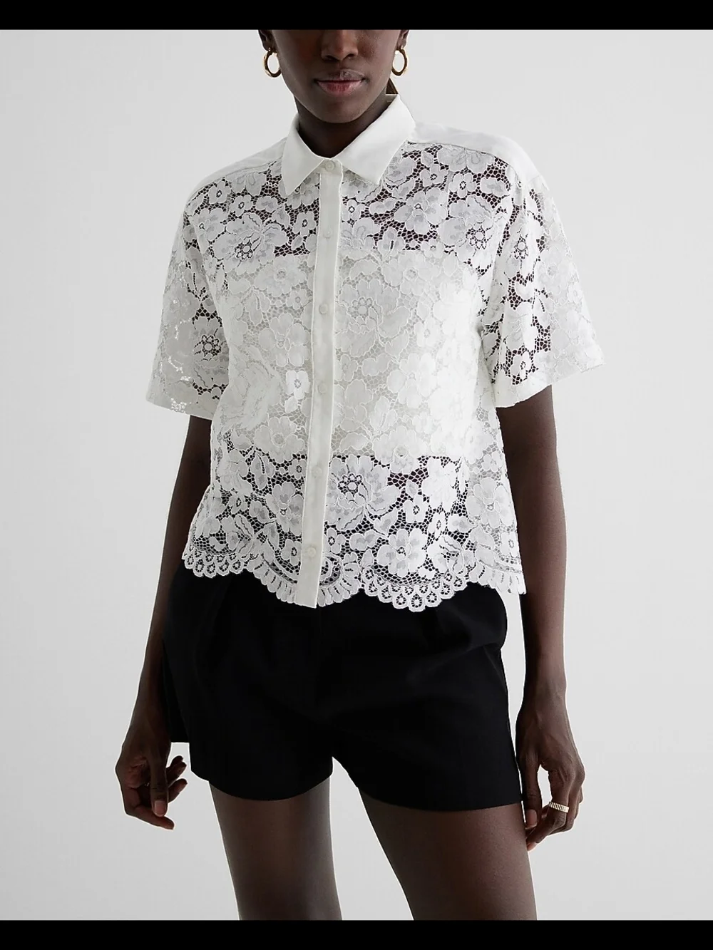 NWT Express White Lace Short-Sleeve Button-Down Blouse XL Extra Large NEW - Picture 2 of 5